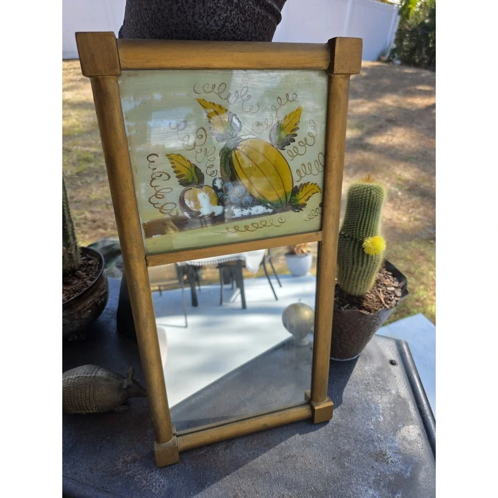 VTG 10x19.5 Gold Wood Wall Mirror Reverse Painted‎ Fruit Rustic Cottage